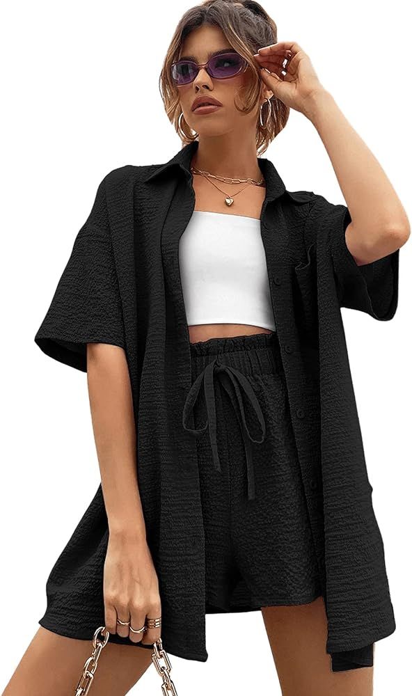Amazon.com: SweatyRocks Women's 2 Piece Outfits Button Down Half Sleeve Blouse and Paperbag Waist... | Amazon (US)