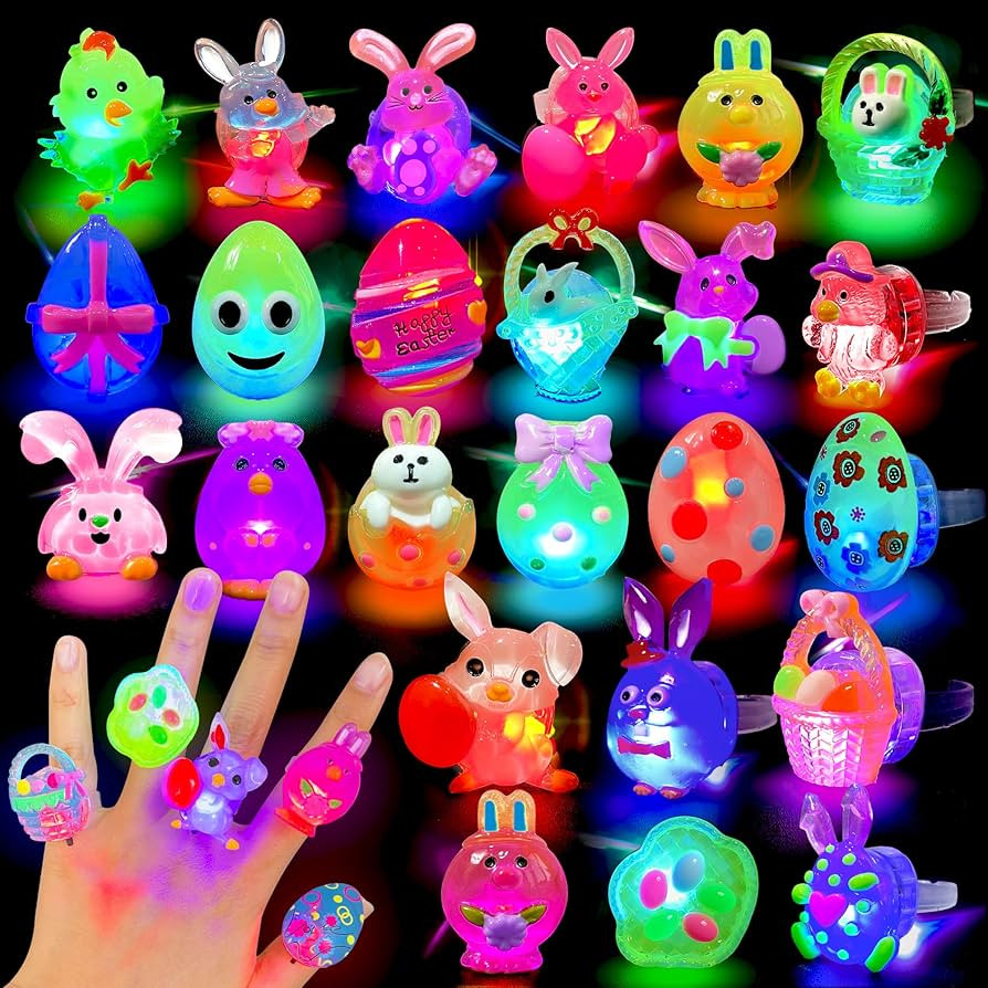 Easter Egg Fillers Light Up Rings - 28Pcs Glow in the Dark Party Favors, Easter Basket Stuffers T... | Amazon (US)