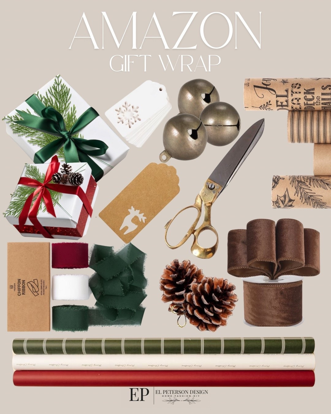 Amazon
Christmas wrapping
Bows
Ribbons
Small bells
Christmas spruce
Wrapping paper
To and from tag
Scissors 

#LTKHoliday #LTKFindsUnder50 #LTKHome