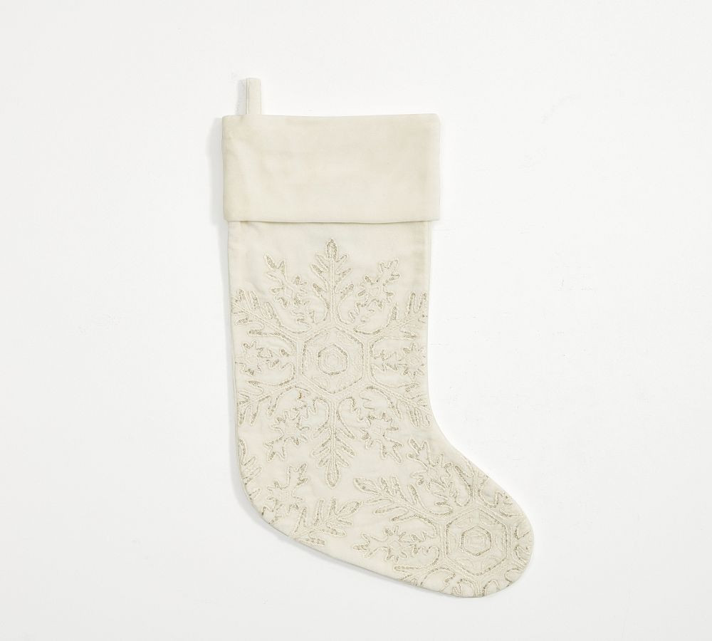Embellished Velvet Stocking, Snowflake, Ivory, Medium | Pottery Barn (US)
