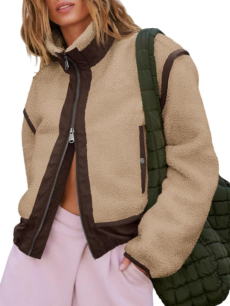 Tankaneo Womens Cropped Zip Up Fleece Jacket Stand Collar Fuzzy Sherpa Coat Winter Color Block Te... | Amazon (US)