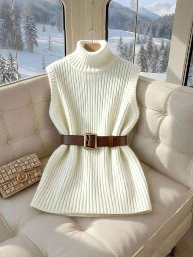 GlowEve Women's Solid Color Turtleneck Casual Knitted Vest, Autumn/Winter | SHEIN
