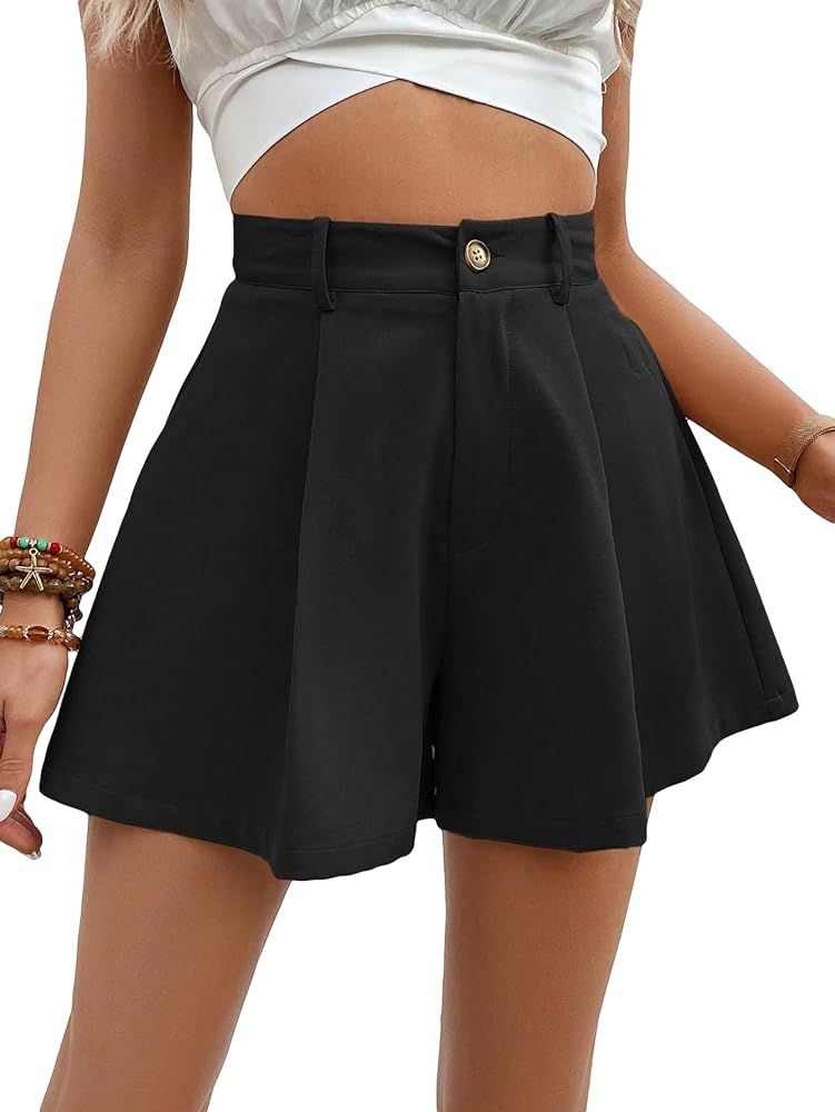 SweatyRocks Women's High Waist Wide Leg Button Front Pleated Short Summer Mini Shorts | Amazon (US)