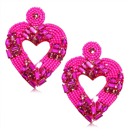 Heart Earrings for Women Hypoallergenic Beaded Statement Dangle Earrings Boho Handmade Red Love Heart Bead Drop Dangling Earrings Valentine’s Day Earrings Jewelry Gift (H hot pink heart earrings) | Amazon (US)
