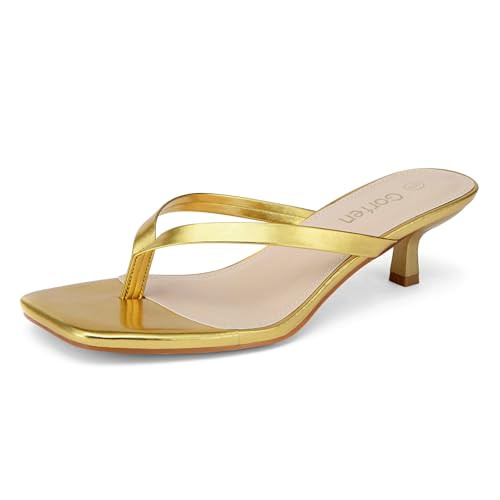 Gorfen Women's Kitten Heel Sandals Square Toe Flip Flop Thong Cushioned Summer Vacation Sandals Gold 8.5 | Amazon (US)