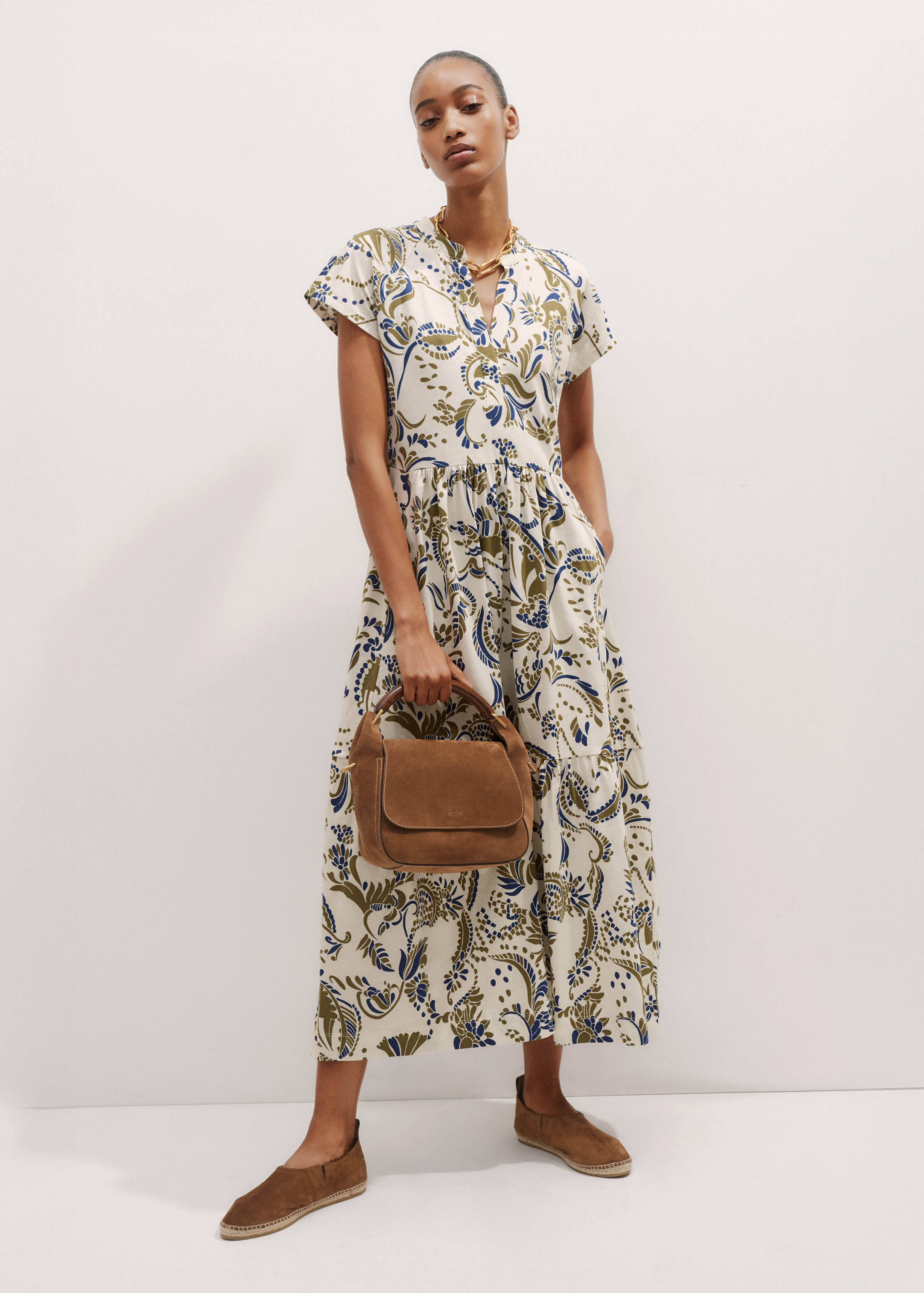Women's Cream Silhouette Print Tiered Midi Dress | ME+EM | ME+EM Global (Excluding US)