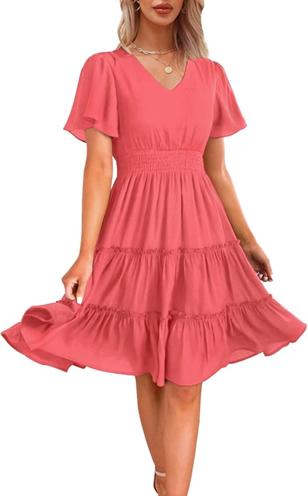Zattcas Women 2024 Short Sleeve Summer Dress V Neck Smocked Waist Casual Flowy A Line Tiered Work... | Amazon (US)