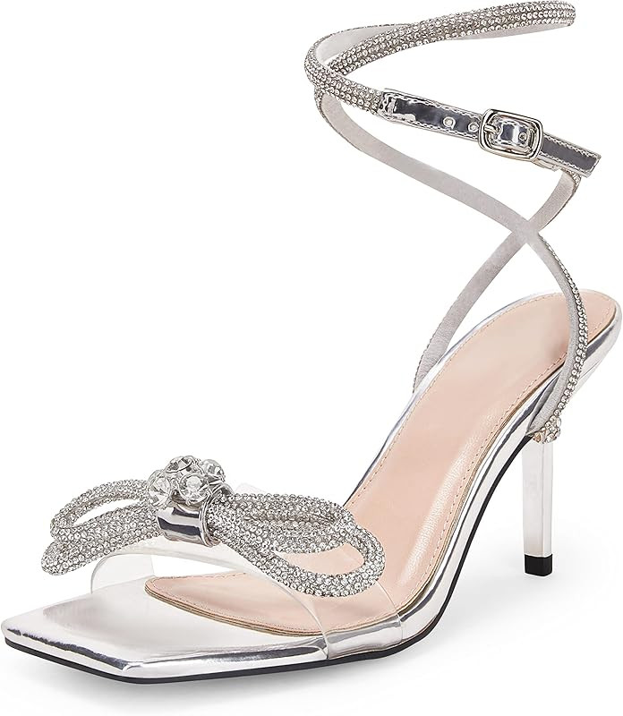 Womens Rhinestone Bow Heels Sandals Strappy Lace Up Stiletto Satin Pumps Wedding Dress Shoes | Amazon (US)