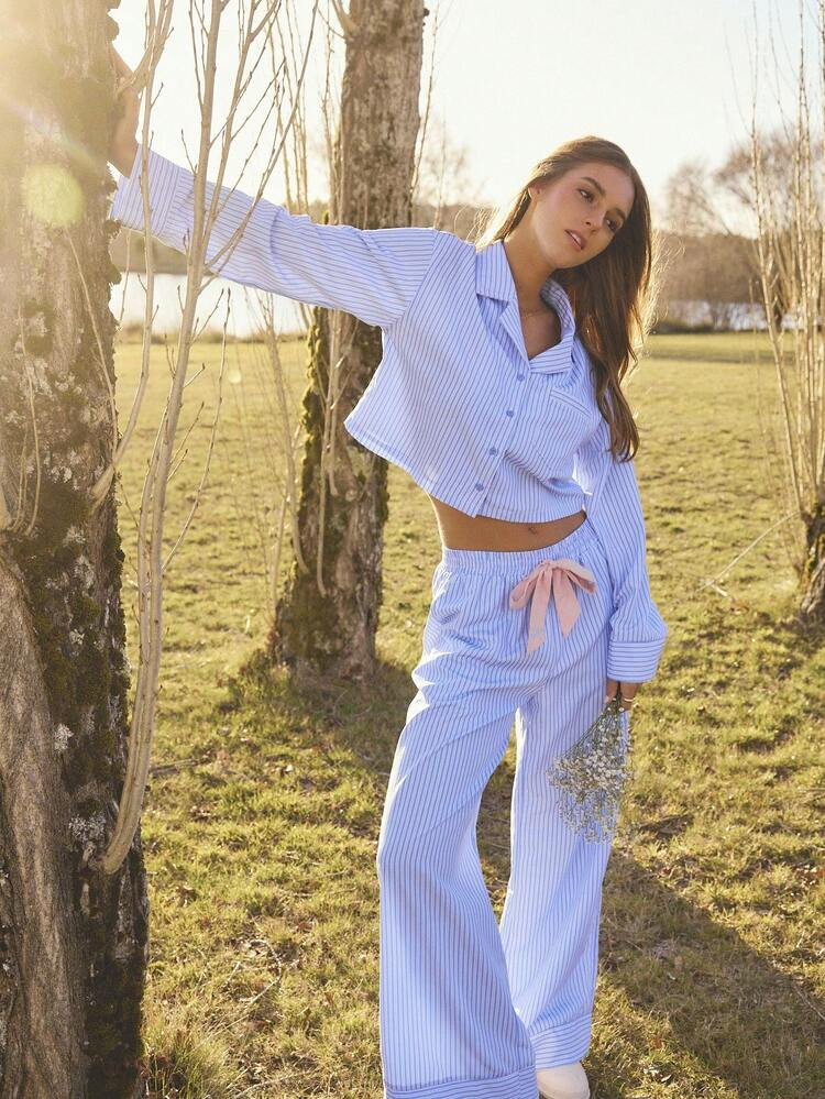 Aralina Sleepwear Fall Winter Basic Striped Long Sleeve Button Through Cropped Shirt And Wide Leg Pant With Contrast Bow Two Piece Sleep Set | SHEIN