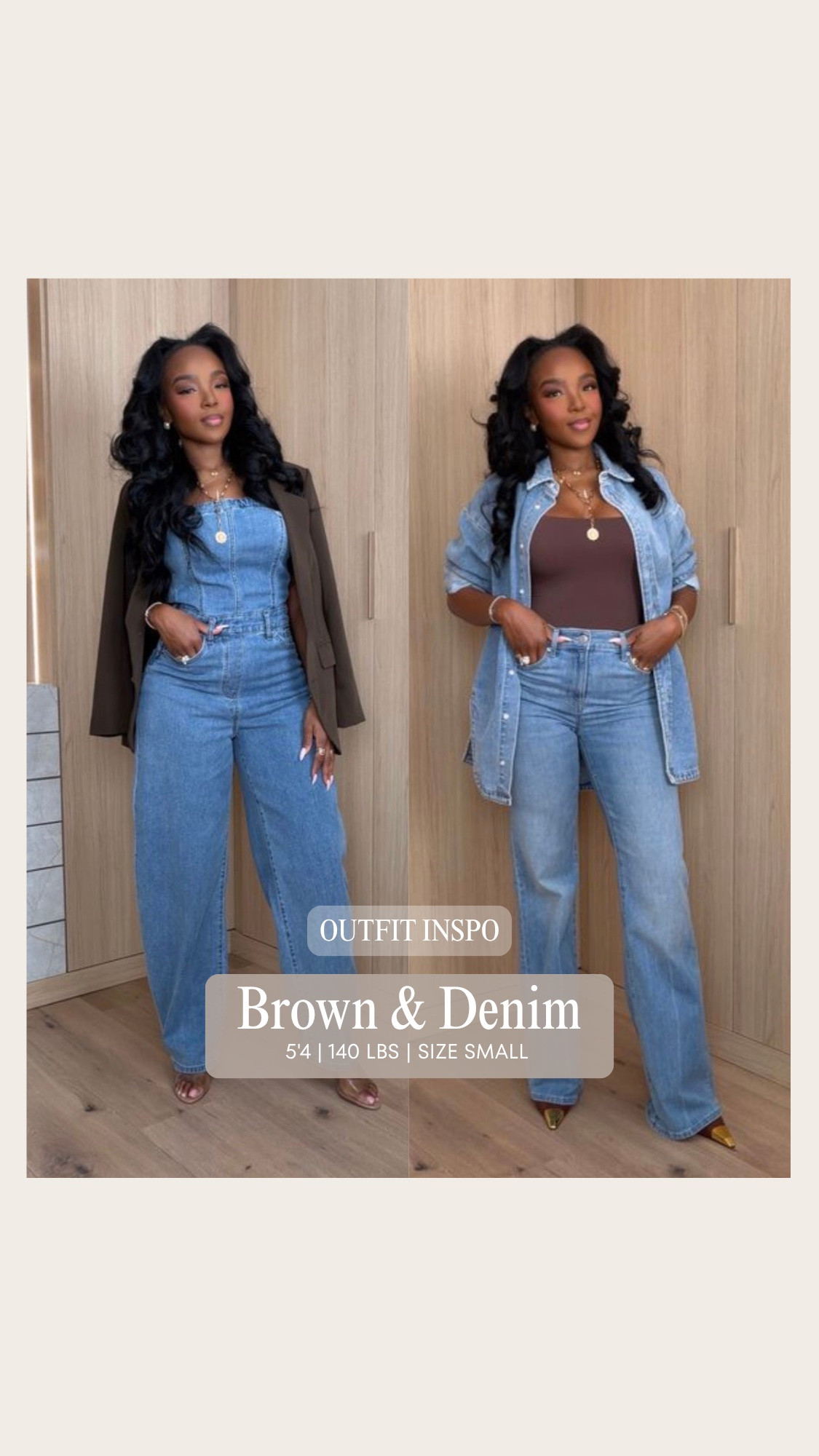 Scroll to shop! ✨ Everything from these looks is linked below. 👇🏽

Brown + denim is THE combo for fall. 🤎👖 Two ways to wear it: a denim jumpsuit layered with a chocolate brown blazer for a polished feel, or wide-leg jeans with a brown fitted top + denim button-down for an easy everyday look. Same color story, completely different vibe.

brown and denim outfit, brown and blue outfit, denim jumpsuit outfit, denim jumpsuit women, brown blazer outfit, chocolate brown blazer, wide leg jeans outfit, denim on denim outfit, denim shirt outfit women, brown top with jeans, fall denim outfit, fall outfit ideas women, petite denim outfit, curvy denim outfit, casual chic fall outfit, elevated casual outfit, transitional fall outfit, kirasfashionfinds

Wearing: Size Small/4 | 5’4” | 140 lbs | 34D-27-40

Download the FREE LTK app & follow @kirasfashionfinds

#LTKPetite #LTKWorkwear #LTKSeasonal