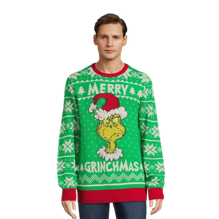 The Grinch Men's Merry Grinchmas Christmas Sweater with Long Sleeves, Sizes S-3XL - Walmart.com | Walmart (US)