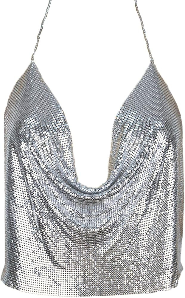 Croozy Women's Sexy Metallic Sequin Body Chain Shimmer Backless Halter Crop Top Adjustable Harnes... | Amazon (US)