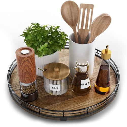 Acacia Wood 13" Lazy Susan Turntable Organizer for Table Top, Farmhouse Round Wooden Lazy Susan for Cabinet Kitchen Centerpieces Coffee Table, for Condiments Spices, Bathroom Vanity Tray Decor | Amazon (US)