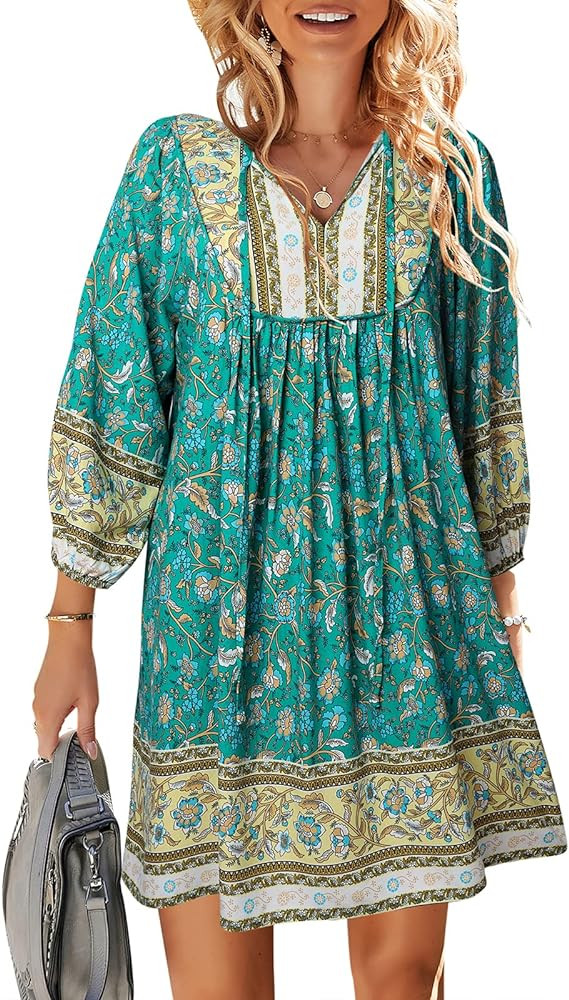 TEMOFON Women's Boho Mini Dress: Summer Floral 3/4 Long Sleeve V Neck Flowy Loose Casual Beach Dr... | Amazon (US)