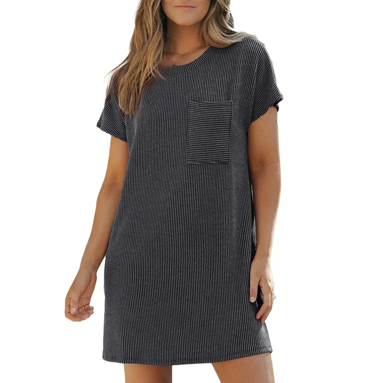 Dokotoo Women Casual Dresses Ribbed Round Neck Loose T-shirt Mini Dresses Summer Short Sleeve Bea... | Walmart (US)