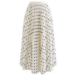 Dot Print Smooth Pleated Midi Skirt in Ivory | Chicwish