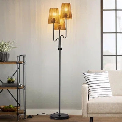Boho Floor Lamp, 68In. Rattan Floor Lamp With Rattan Shade,3 Light Tree Standing Lamp For Bedroom,Nursery,E26 Socket, Living Room Floor Lamp(Black) | Wayfair North America