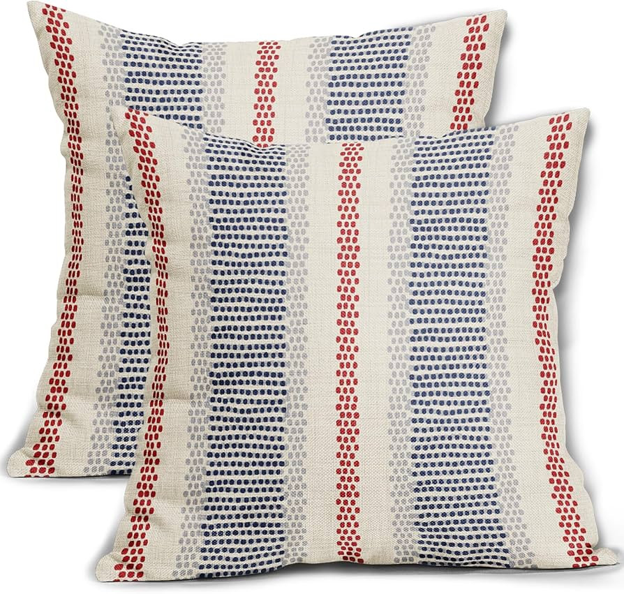 Blue Red Pillow Covers 18x18 Set of 2 Gray Grey Dot Print Striped 4th of July Patriotic Decorativ... | Amazon (US)