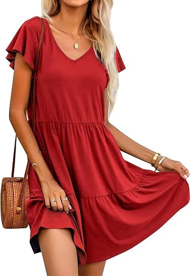 Hotouch Women Summer Casual Dress V Neck Ruffle Flutter Sleeve Cotton Tiered Smocked A-Line Swing... | Amazon (US)