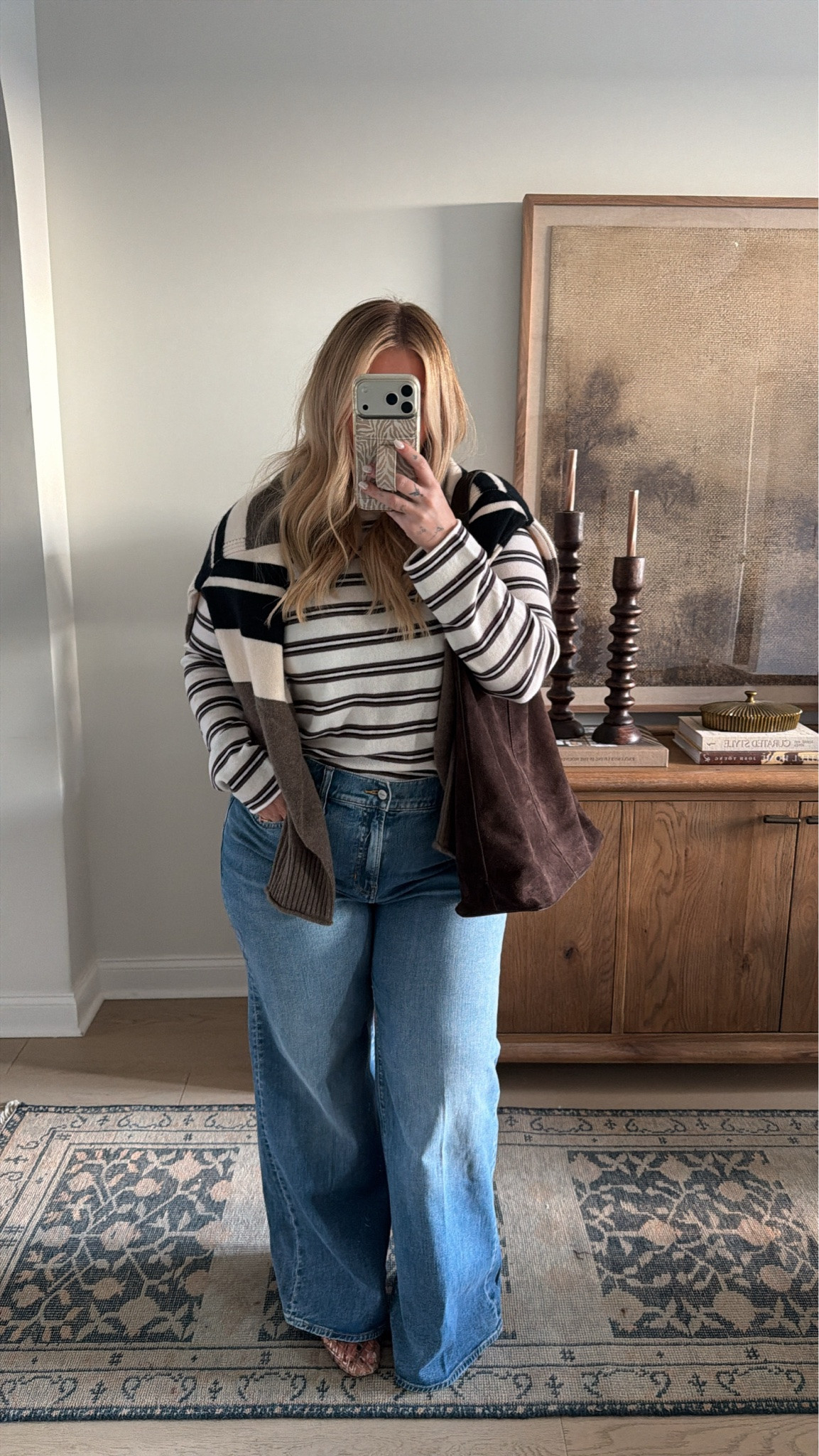 #ad @jcrew #injcrew LOVING stripes on stripes! These jeans too!!!! the perfect
mix of structured + stretchy, and the wash literally goes with everything. So flattering too. 

Sweater - large
Half zip - xl
Jeans — 32 regular