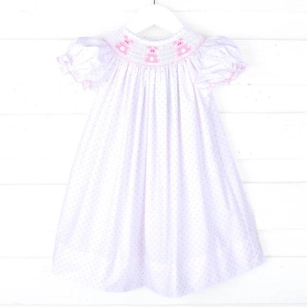 Magical Bunny Pink Dot Smocked Bishop Dress | Classic Whimsy