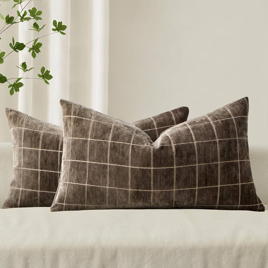 MIULEE Brown Plaid Decorative Fall Lumbar Pillow Covers 12x20 Set of 2 | Amazon (US)