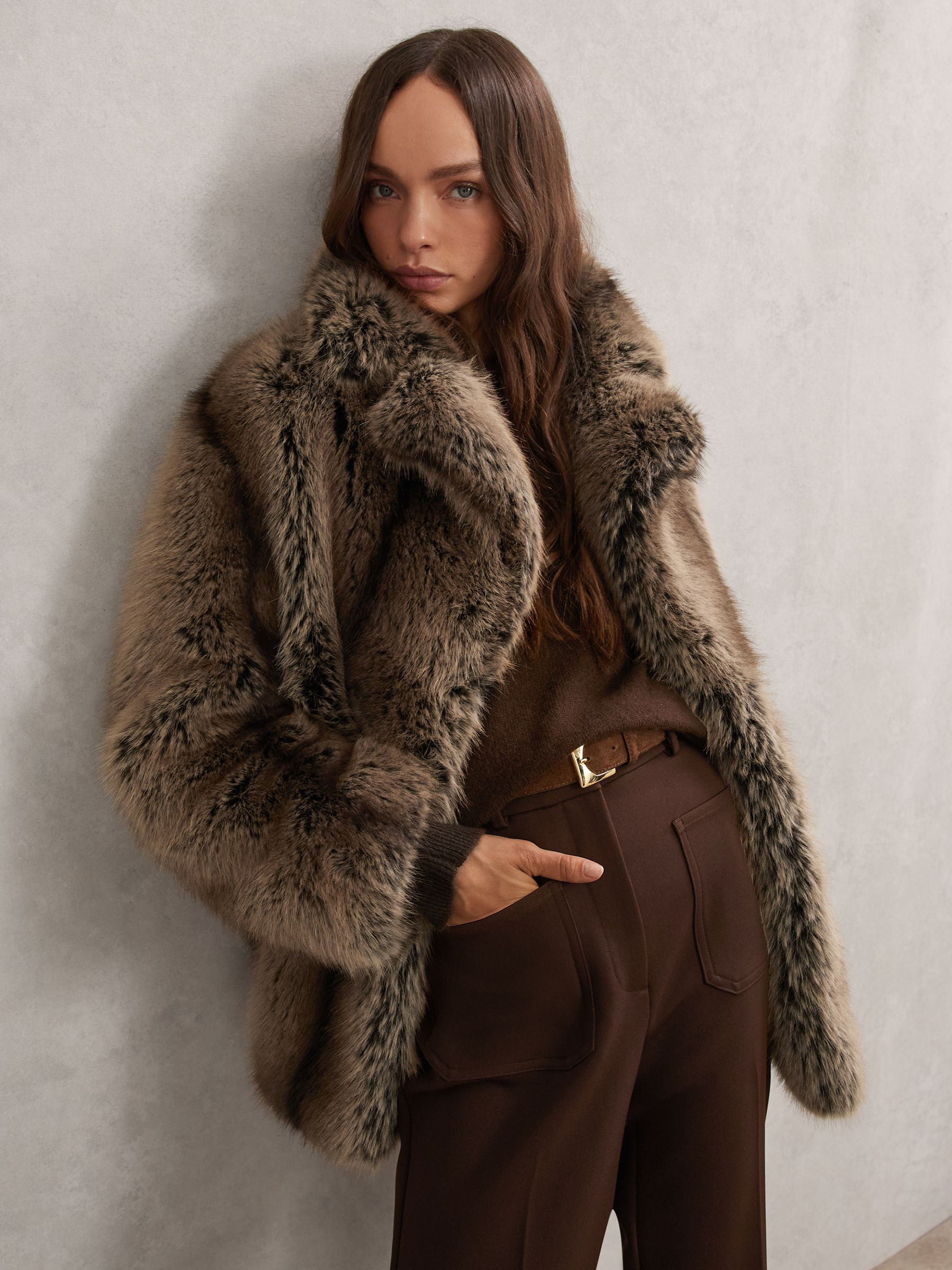 Faux-Fur Coat in Brown | Reiss UK
