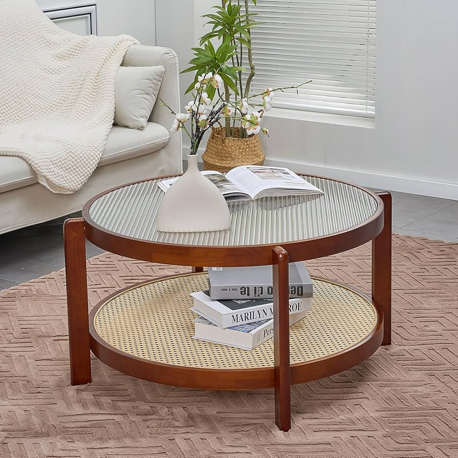 Rattan Coffee Table, 2-Tier Solid Wood Coffee Table with Glass Top and PE Rattan Storage Shelf, M... | Amazon (US)