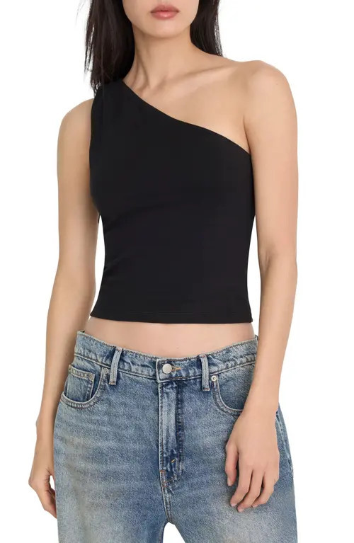 Good American Stretch Cotton One Shoulder Crop Tank in Black001 at Nordstrom, Size Small | Nordstrom