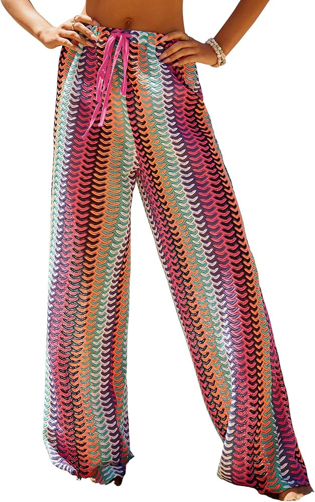 ZAFUL Womens Beach Cover Up Pants Sexy Crochet Drawstring Elastic Boho Swimsuit Cover Up Long Pan... | Amazon (US)