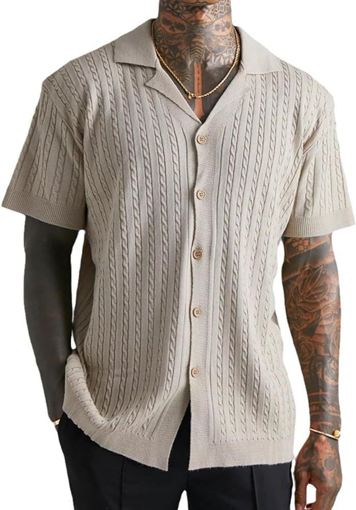 Men's Knit Button Down Shirt Short Sleeve Collared Polo Sweater Vintage Cable Casual Summer Beach... | Amazon (US)