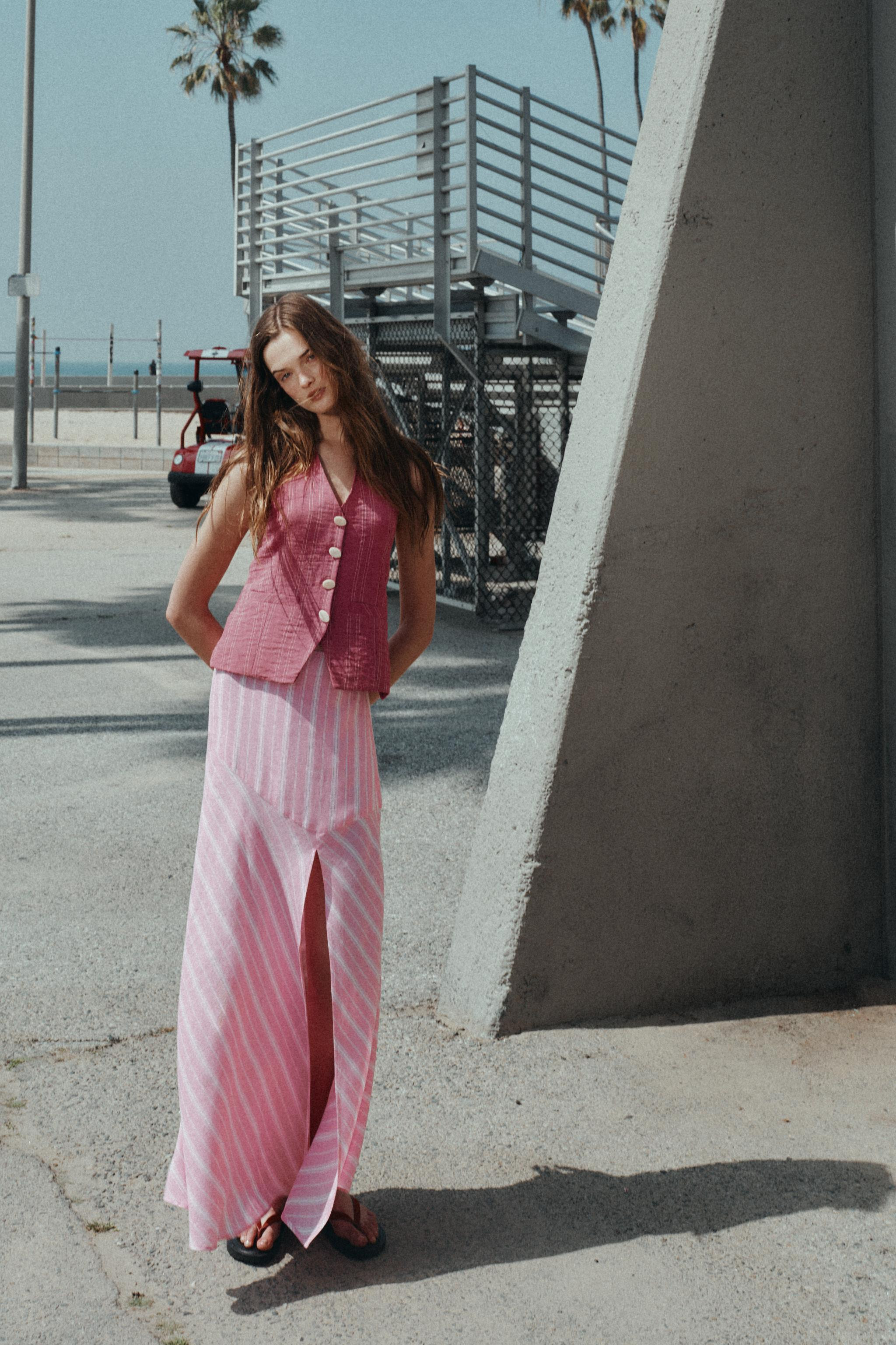 STRIPED LINEN MIDI SKIRT | Zara US