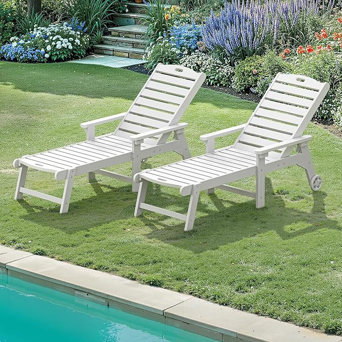 LUE BONA Lounge Chair Outdoor Set of 2, HDPS Chaise Lounge Outdoor with Wheels, 5 Positions Adjus... | Amazon (US)