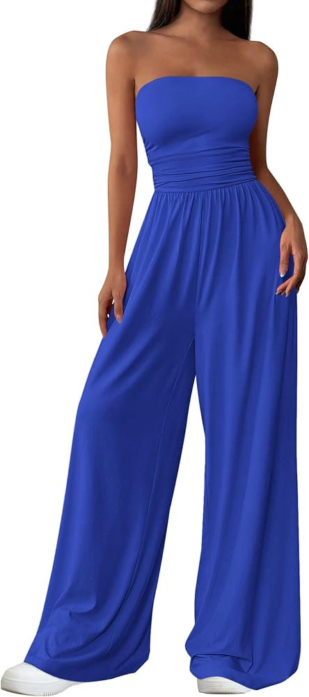 PRETTYGARDEN Womens Trendy Strapless Rompers 2026 Ruched Tube Top Wide Leg One Piece Jumpsuits Be... | Amazon (US)