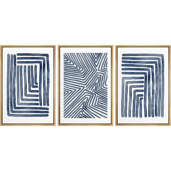 Wall26 Framed Prints Canvas Wall Art Set of 3 Navy Blue Stripe Polygon Pattern Collage Abstract G... | Walmart (US)