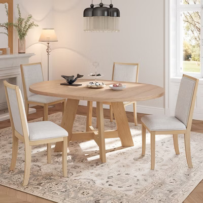 5-Piece Farmhouse Extendable Round Dining Table Set, Kitchen Table with 18" Removable Leaf & 4 Upholstered Dining Chairs, Natural - ModernLuxe | Target
