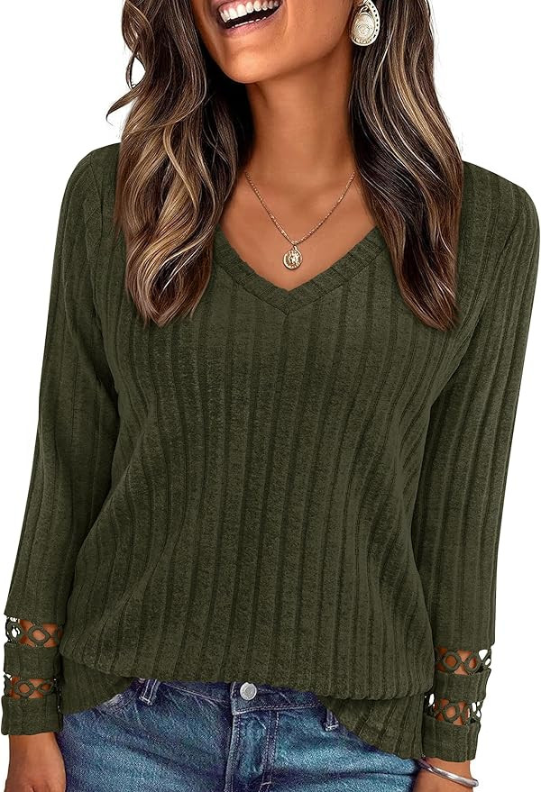 PRETTYGARDEN Women's Long Sleeve Shirts Ribbed Knit V Neck Tee Dressy Casual Blouses Going Out Tu... | Amazon (US)