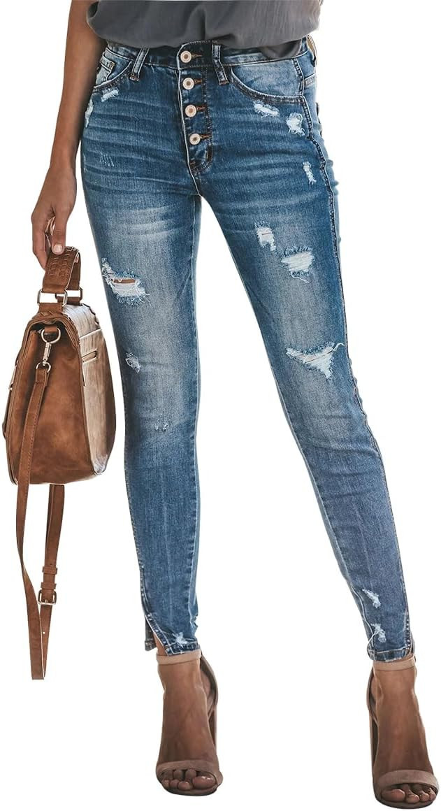 KUNMI Women's Ripped High Waisted Skinny Jeans Button Fly Distressed Stretchy Denim Pants | Amazon (US)