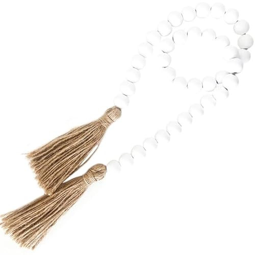 FOUNDATIONS DECOR Wood Bead Garland with Tassels - Boho Bead Garland - White - 39.5 Inches - Straight - Unlit - Home Decor | Amazon (US)