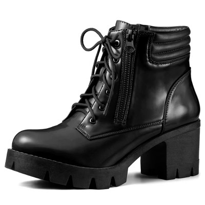 BLISSFUL STEP Women's Round Toe Chunky Heel Lug Sole Lace Up Zipper Combat Boots Black 8 | Target