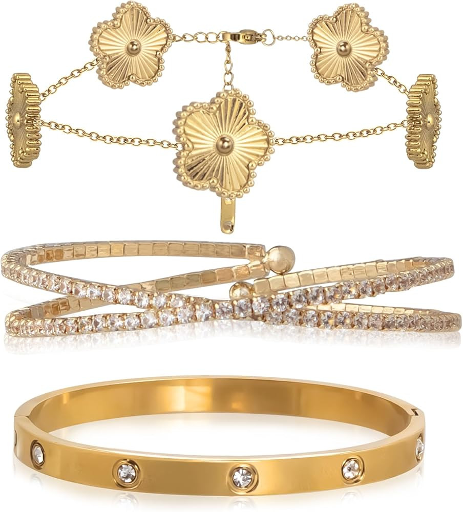 Gold Bracelets for Women Stainless Steel Bracelet 18K Love Bangle for women Cubic Zirconia Cuff G... | Amazon (US)