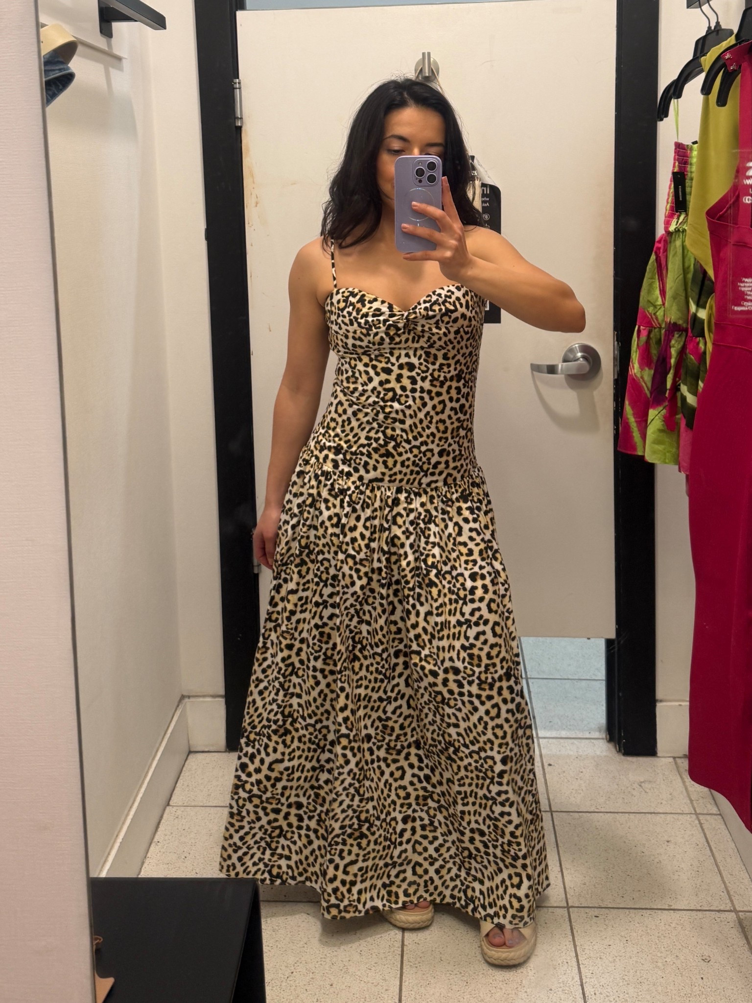 Drop waist leopard print maxi dress from Express with spaghetti straps. I was surprised to find that this dress fit me so well. I'm only 5ft so I was expecting it to be super long. 

Wearing this for summer events or vacations. True to size. wearing a small. Petite friendly 

 #LTKPetite #LTKTravel