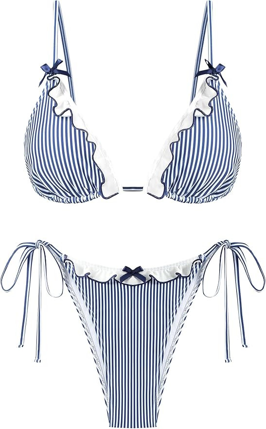 ZAFUL Women's Triangle Bikini Lace Frilled Ruffles Gingham Print Tie Side Spaghetti Strap 2 Piece... | Amazon (US)