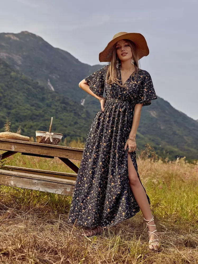 Breezaya Allover Floral Print Split Thigh Belted Dress | SHEIN