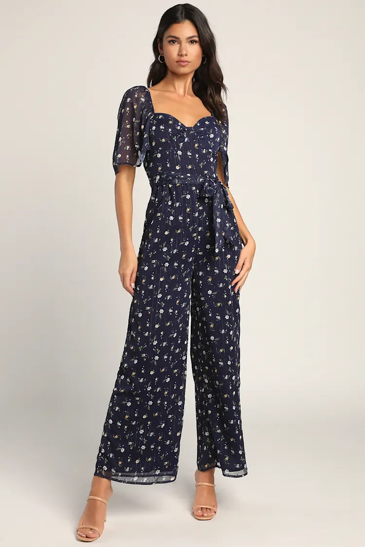Sweet Blooms Navy Blue Floral Print Swiss Dot Wide Leg Jumpsuit | Lulus (US)