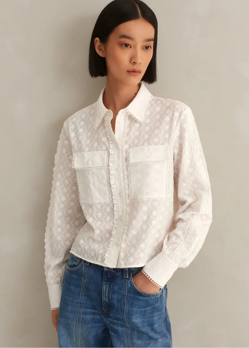 Cotton Broderie Cropped Jacket Blouse | ME+EM Global (Excluding US)