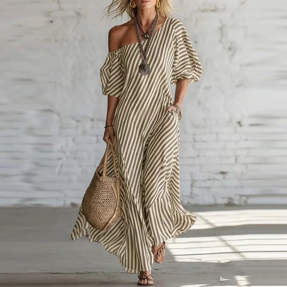 Guieoi Summer Dresses for Women 2026 Asymmetrical Off-Shoulder Puff-Sleeve Striped Loose-Fit Maxi... | Walmart (US)