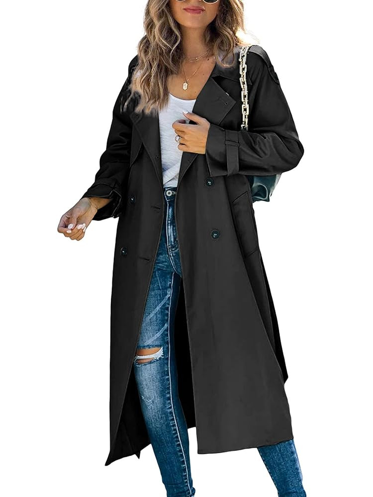 Makkrom Women's Double Breasted Long Trench Coat Windproof Classic Lapel Slim Overcoat with Belt | Amazon (US)