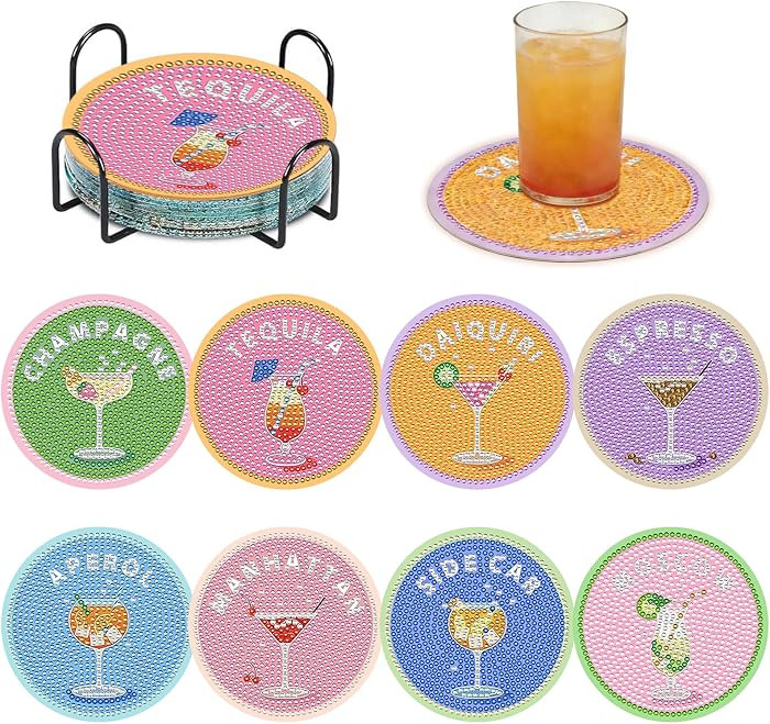 8 Pcs Cocktail Diamond Art Coasters Kits with Holder, DIY Diamond Painting Coasters for Adults an... | Amazon (US)