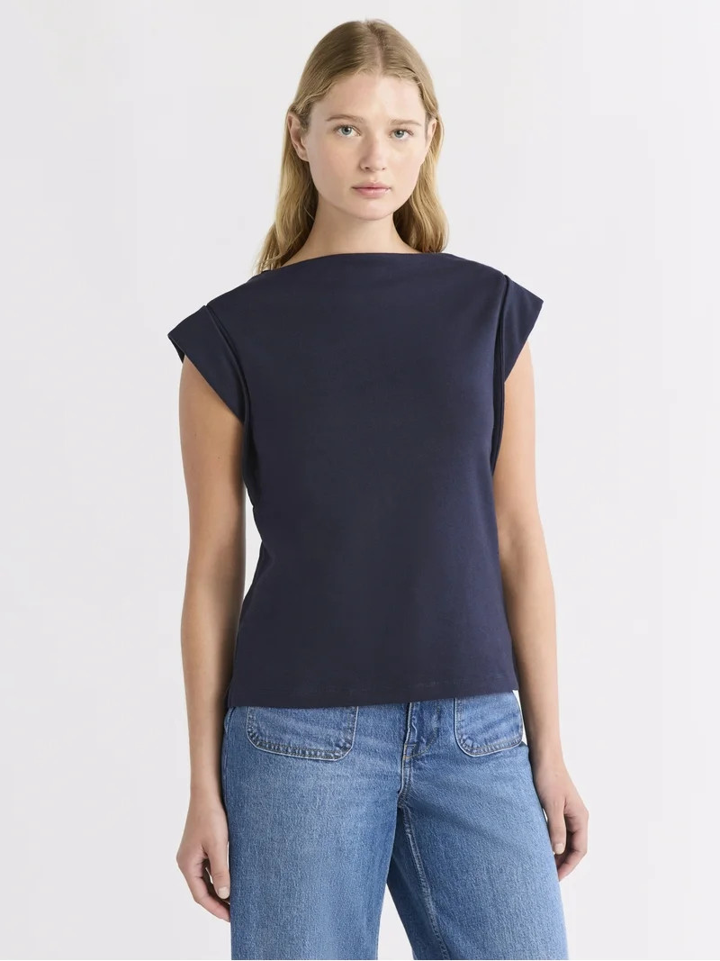 Free Assembly Women's and Women's Plus Cotton Boatneck Tee with Wide Cap Sleeves, Sizes XS-4X | Walmart (US)